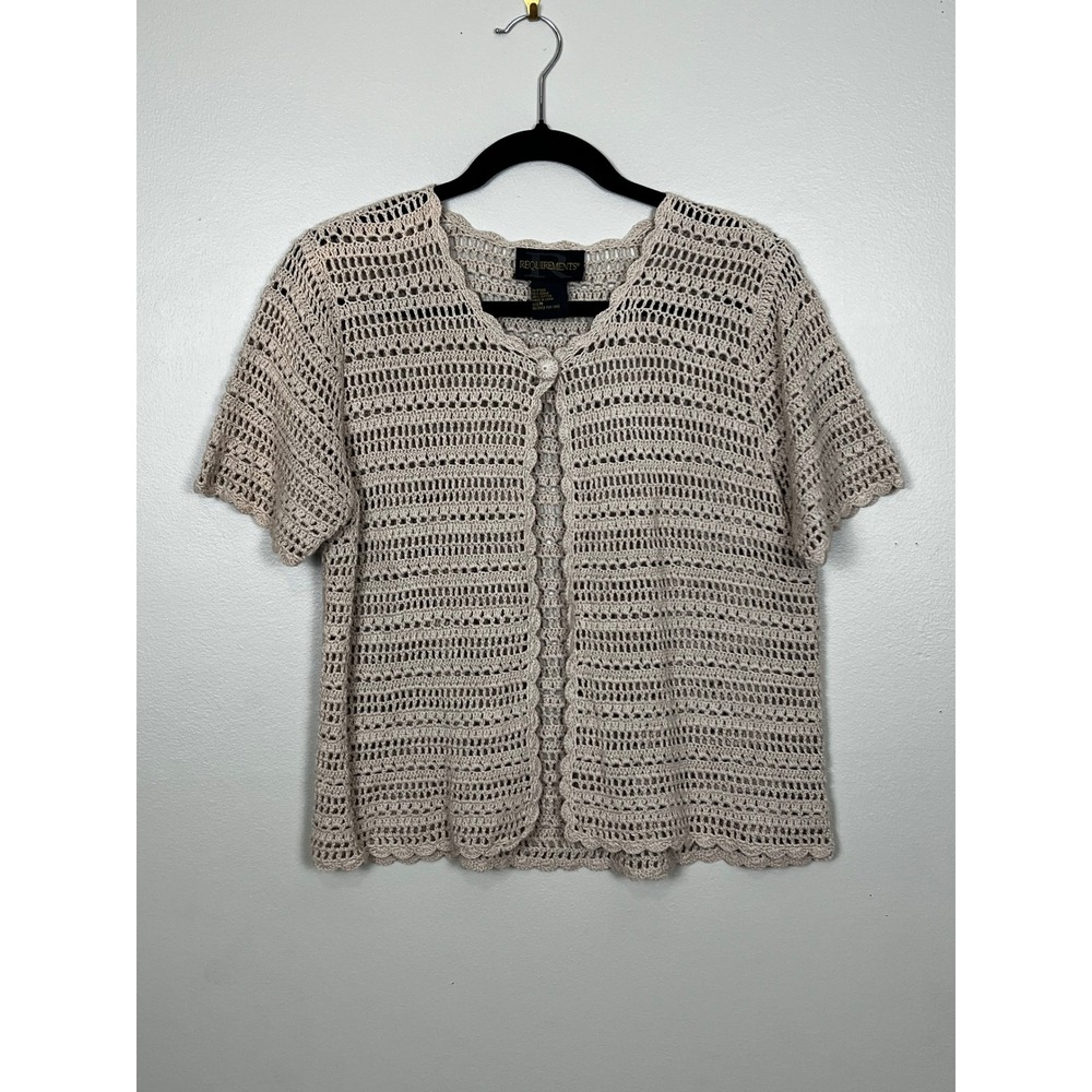 Requirements Vintage Tan Crochet Knit Short Sleeve Cardigan Scalloped Trim M